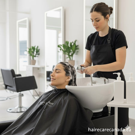 Hair stylist washing a client at shampoo bowl - Hair Care Canada