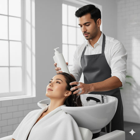 Male stylist conditioning a clients hair at the sink in a salon. – Hair Care Canada.