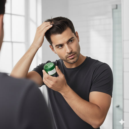 Man putting styling product in his hair in front of a mirror – Hair Care Canada