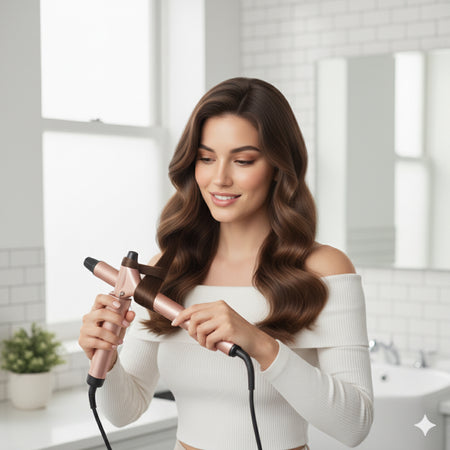 Women using curling irons on her hair in front of a mirror – Hair Care Canada