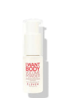 White powder container labeled 'I Want Body Volume Powder' by Eleven on a white background - hair Care Canada