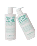 Two bottles of 'Keep My Curl' shampoo and conditioner on a light blue background - Hair Care Canada